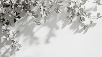 Monochrome foliage branches and shadows on white background.