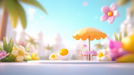 Fototapeta premium Sunlit Delight: Bright backyard dining area with an umbrella for shade, surrounded by colorful flowers and cozy seating for a relaxed outdoor brunch