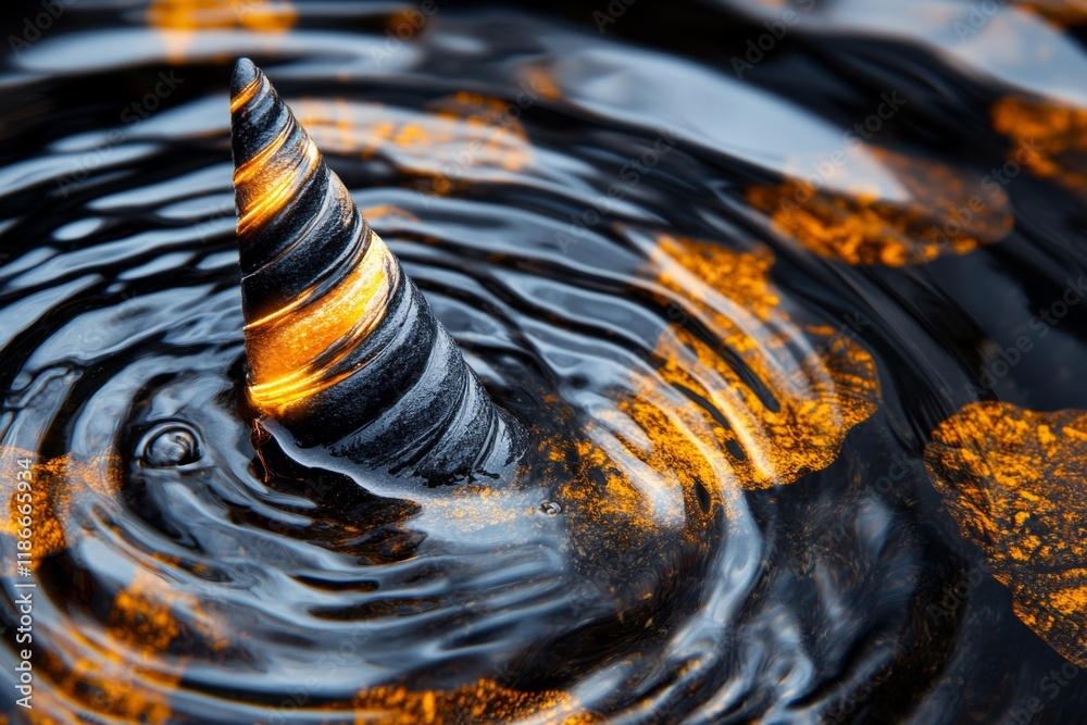 Poster a close-up of a unicorn horn glowing as it touches the surface of a tranquil pond, creating ripples 