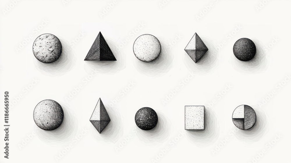 Poster hand drawn geometric shapes in monochrome, featuring various forms like spheres, pyramids, and cubes