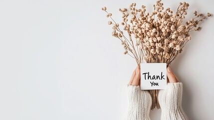 Hands in cozy sweater hold dried flowers with a thank you note against a white background.
