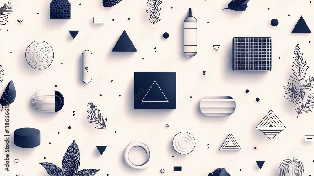 Aufkleber Intricate geometric shapes and patterns in black and white create visually engaging design. composition features various forms, including triangles, circles, and leaves, enhancing artistic appeal