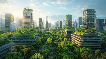 Obraz premium Sustainable Urban Skyline: Modern cityscape featuring green roofs, abundant vegetation, and energy-efficient glass facades, a harmonious representation of sustainable urban planning