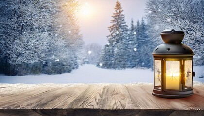christmas and white snowy winter background lit lantern on a wooden table