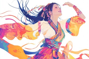Vibrant Dance of  Asian Woman in Colorful Kimono