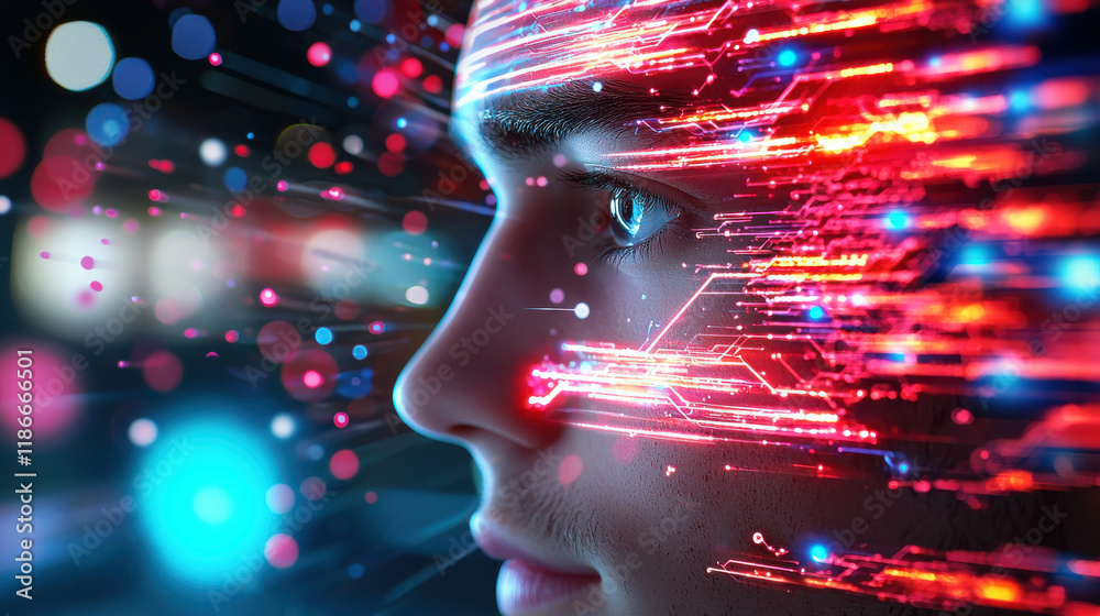 Poster futuristic representation of artificial intelligence with vibrant colors and digital patterns. image showcases human face with glowing lines and data streams, symbolizing technology and innovation