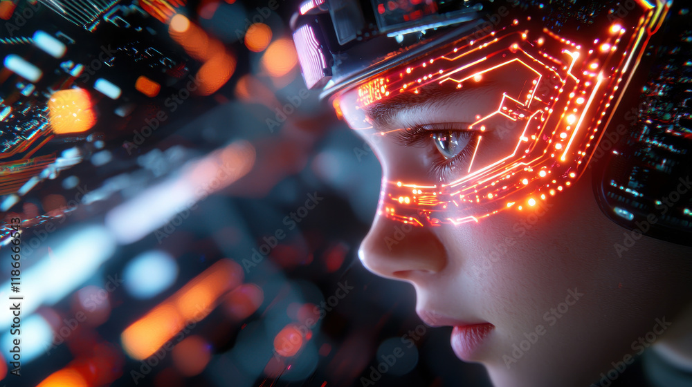 Poster futuristic representation of artificial intelligence with close up of person wearing high tech helmet, featuring glowing circuits and digital elements