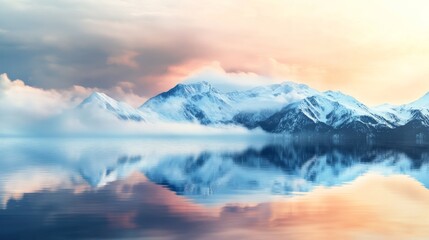 A serene mountain landscape reflects in calm waters, enveloped by soft clouds and pastel skies, creating a tranquil and picturesque scene.