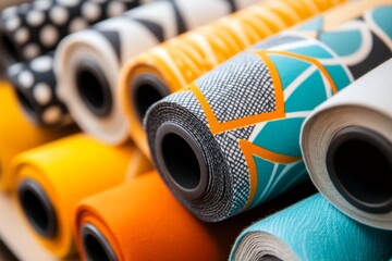 A colorful selection of upholstery fabrics displayed in rolls, with patterns ranging from classic to modern designs