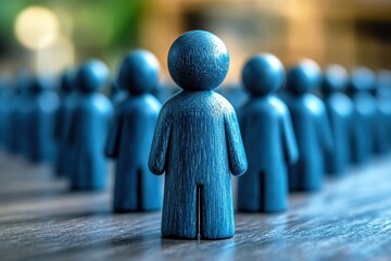 Wooden figurines in blue standing in formation with one in focus representing individuality and community concept in a modern setting