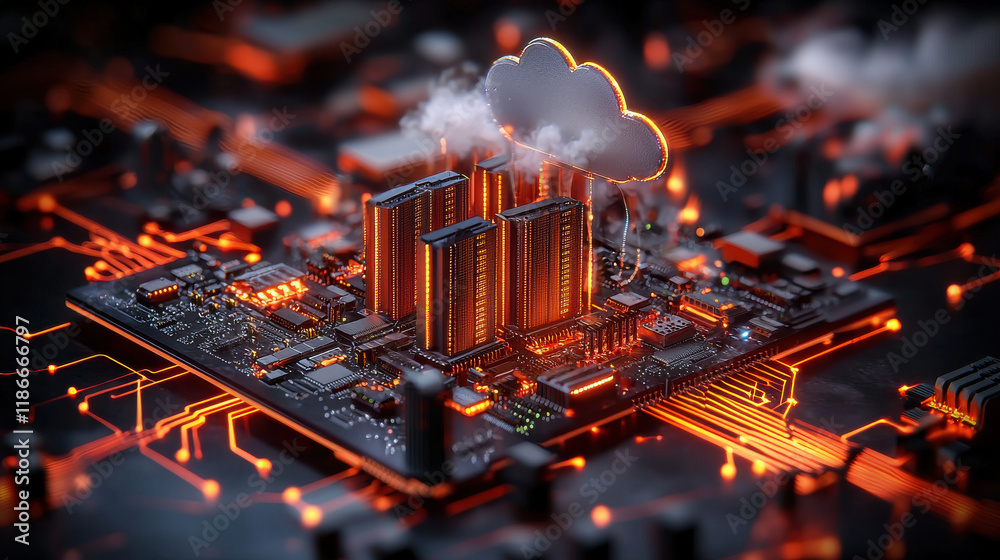 Aufkleber concept of cloud gaming server farm on circuit board, showcasing powerful servers with glowing elements and cloud symbol, representing advanced technology and connectivity