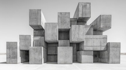Raw concrete geometric shapes contrast with a minimalist backdrop, inviting exploration and reflection
