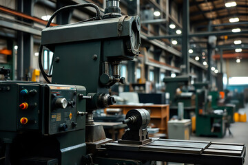 Fototapeta premium A milling machine actively processes metal components in a bustling factory setting filled with equipment and machinery
