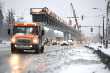 Fototapeta premium A construction crew under a large crane, guiding a prefabricated section of a bridge into place over a busy highway