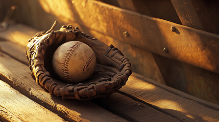 A baseball glove holding a worn ball, placed on a wooden bench in a dugout, with warm light highlighting the leather's intricate stitching.