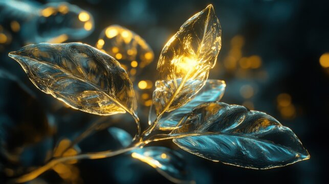 Kentucky Coffeetree tree leaves, glasslike abstract botanical wallpaper with trees, translucent and luminous effect on dark background, glassmorphism forms