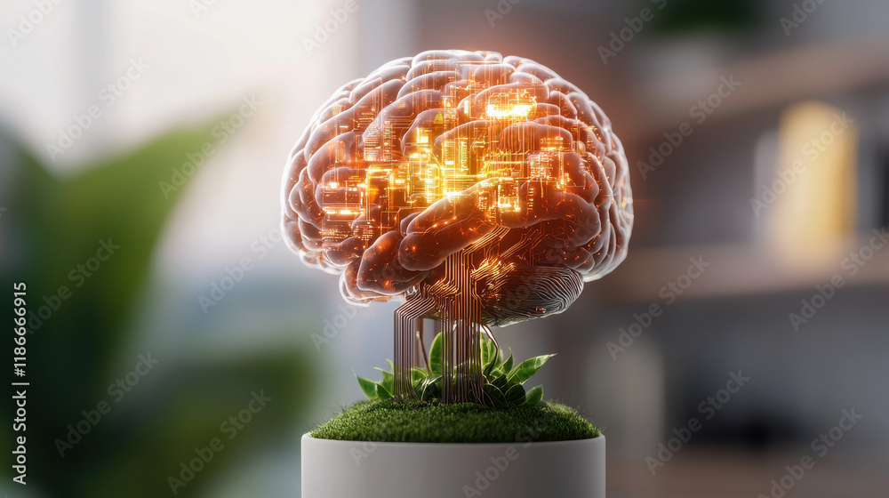 Poster conceptual art piece depicting artificial intelligence as glowing brain integrated with technology a