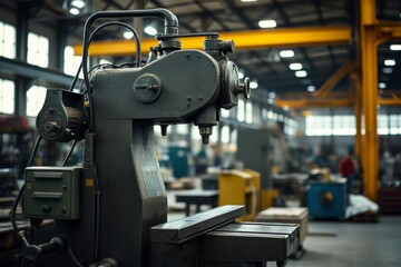 Fototapeta premium A milling machine actively processes metal components in a bustling factory setting filled with equipment and machinery