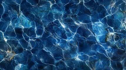 Abstract blue water texture with light reflections and ripples.