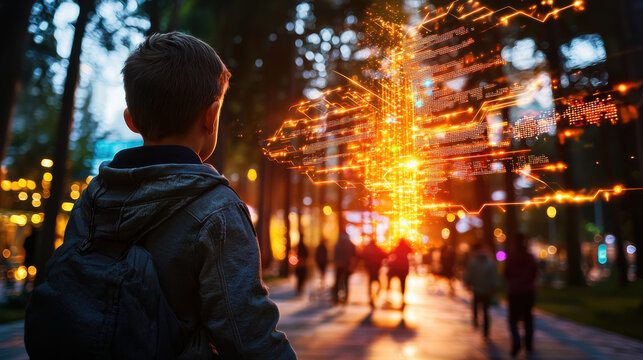 boy observing digital transformation in vibrant cityscape, showcasing evolution of technology and humanity. scene is filled with glowing data streams and lively pedestrians