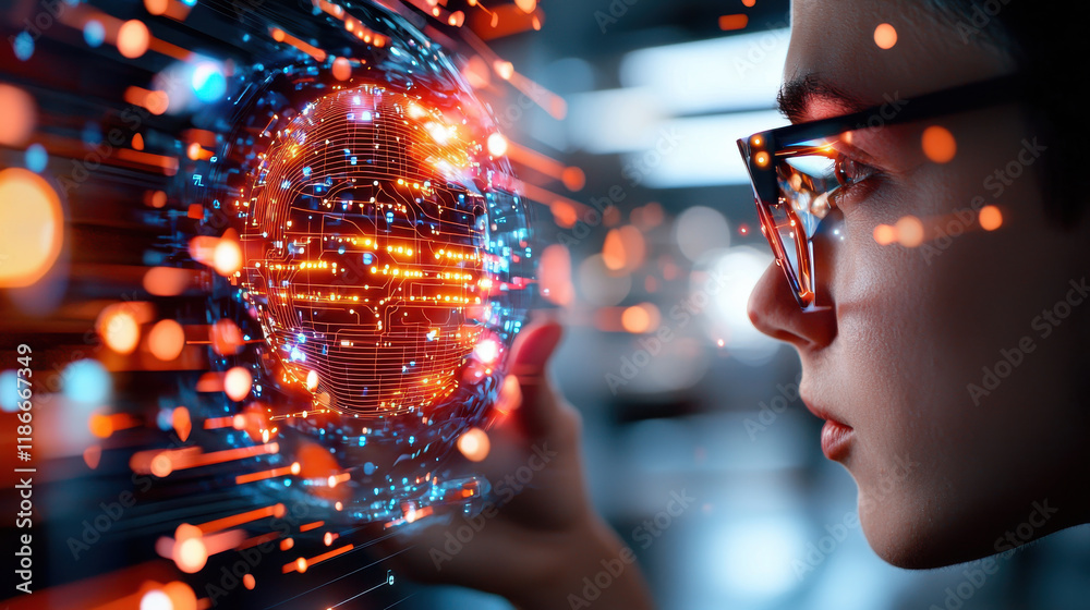 Aufkleber young person gazes intently glowing digital brain, symbolizing intersection of technology and human 