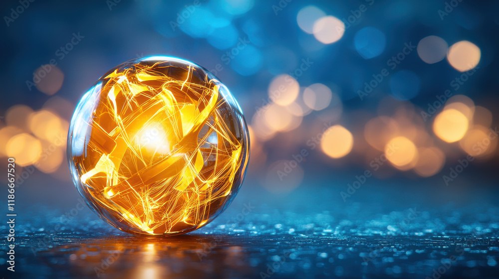 Aufkleber glowing orb with intricate patterns symbolizes innovation and technology, set against blurred blue a