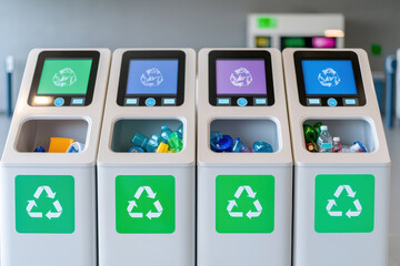 Fototapeta premium Modern recycling bins with digital screens for waste sorting and environmental care.