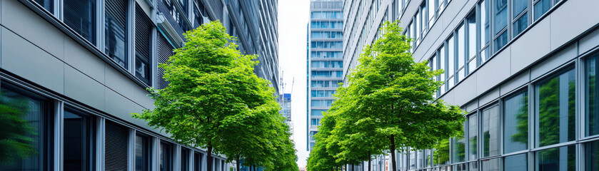 Modern urban scene showcasing green trees between contemporary skyscrapers.