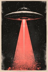 Tri-tone movie poster graphic design featuring a ufo with a beam coming from the underside, 80's pop graphic art