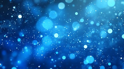 Abstract blue bokeh background with glowing particles and soft lights.