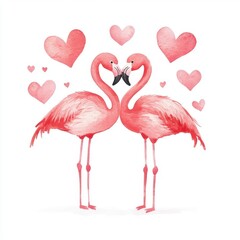 Obraz premium Two pink flamingos face each other, forming a heart shape with their necks, surrounded by pink hearts, symbolizing love and romance.