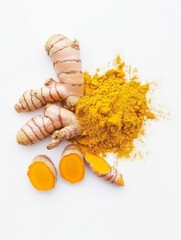 Turmeric powder seen from above, white background