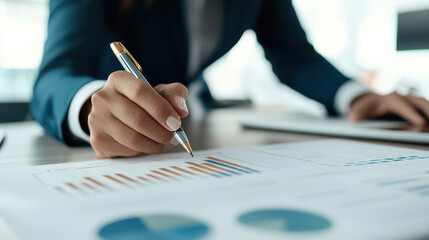 Professional hand analyzing financial data in a modern office environment.