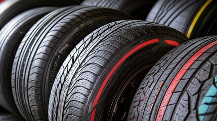 Closeup of racing tires auto racing garage product showcase industrial environment detailed view tire performance insights