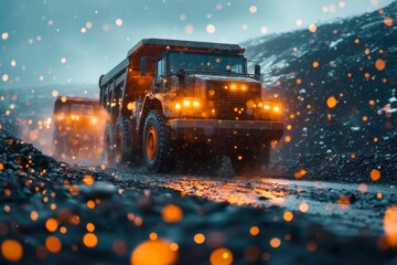 A dark and moody depiction of a construction site at night, with heavy machinery silhouetted against a stormy sky and flickering orange lights