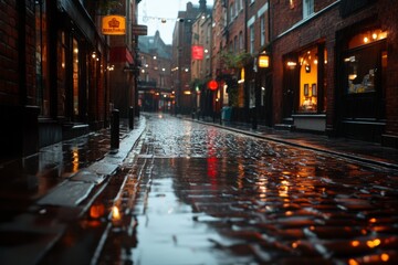 Fototapeta premium A dark and moody urban alleyway, with dimly lit streetlights, wet cobblestones, and shadowy figures lurking in the corners