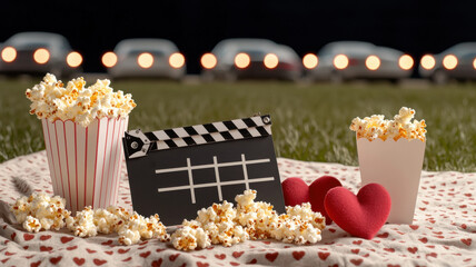 Popcorn and Clapperboard with Valentine’s Day Theme, Cozy setup with clapperboard, popcorn, and hearts for movie night
