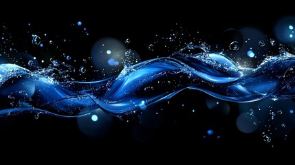 Dynamic blue water wave with splashes and bubbles on black background.