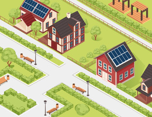 Isometric street view with houses, solar panels, and greenery. Great for residential or cityscape designs. Vector illustration