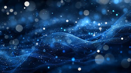Abstract blue wave background with glowing particles and bokeh lights.