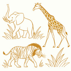 Obraz premium Safari animals including elephant lion and giraffe in a stylized drawing with grassy accents
