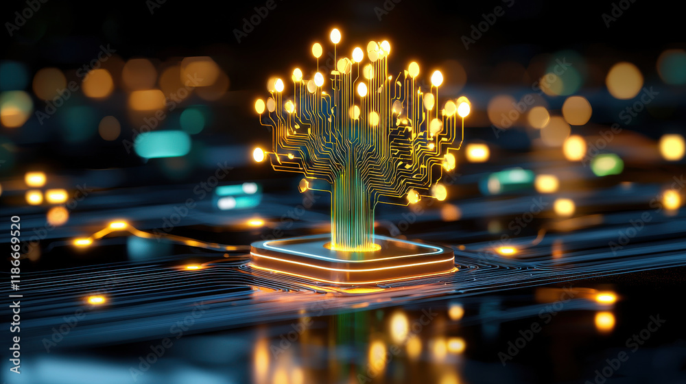 Poster conceptual illustration of intelligence represented as glowing tree with circuit patterns, symbolizing technology and innovation in digital landscape