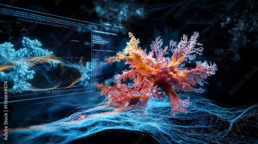 Poster Vibrant coral reef simulation virtual ocean 3d render abstract art digital environment technology concept