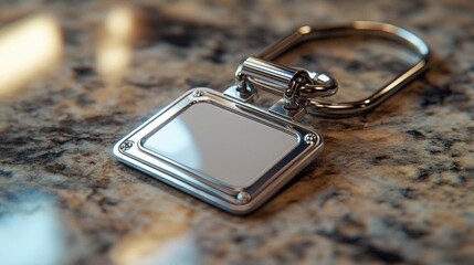 Blank Silver Metal Keychain Mockup on Textured Surface