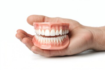 Obraz premium Close-up of a realistic denture model in hand for dental education and marketing.