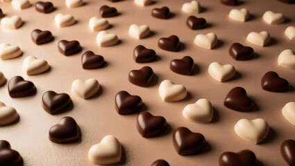 Fototapeta premium Dreamy Landscape of Scattered Hearts in Soft Mocha Mousse Background, Casting Subtle Shadows and Highlighting Serenity and Tranquility
