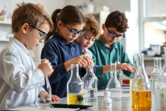Group of kids in lab coats conducting a chemistry experiment, focusing on teamwork and science in a bright laboratory