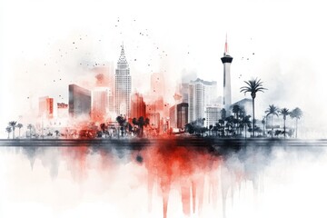 Fototapeta premium A dreamy watercolor depiction of the Las Vegas Strip at dusk, with blurred neon lights and soft pastel skies creating a vibrant yet gentle ambiance