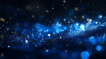 Abstract blue particle wave with bokeh lights, dark background.