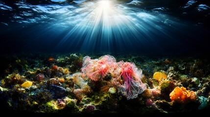 Fototapeta premium Breathtaking underwater scene featuring colorful plankton and coral in the ocean's depths tranquil environment wide view